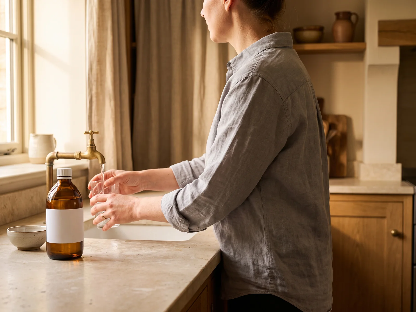 An adult in a linen shirt filling a glass at a brass kitchen tap, an amber supplement bottle on the stone counter beside them.