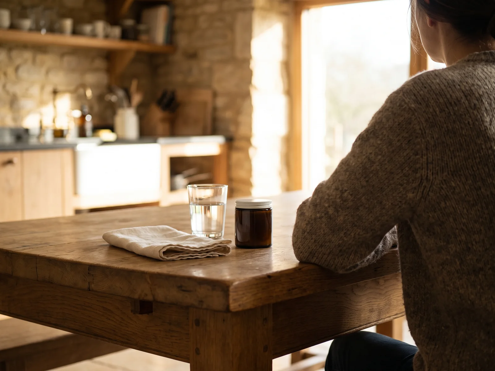 An adult seen from behind at a wooden kitchen table, with a glass of water and an amber jar in front of them.
