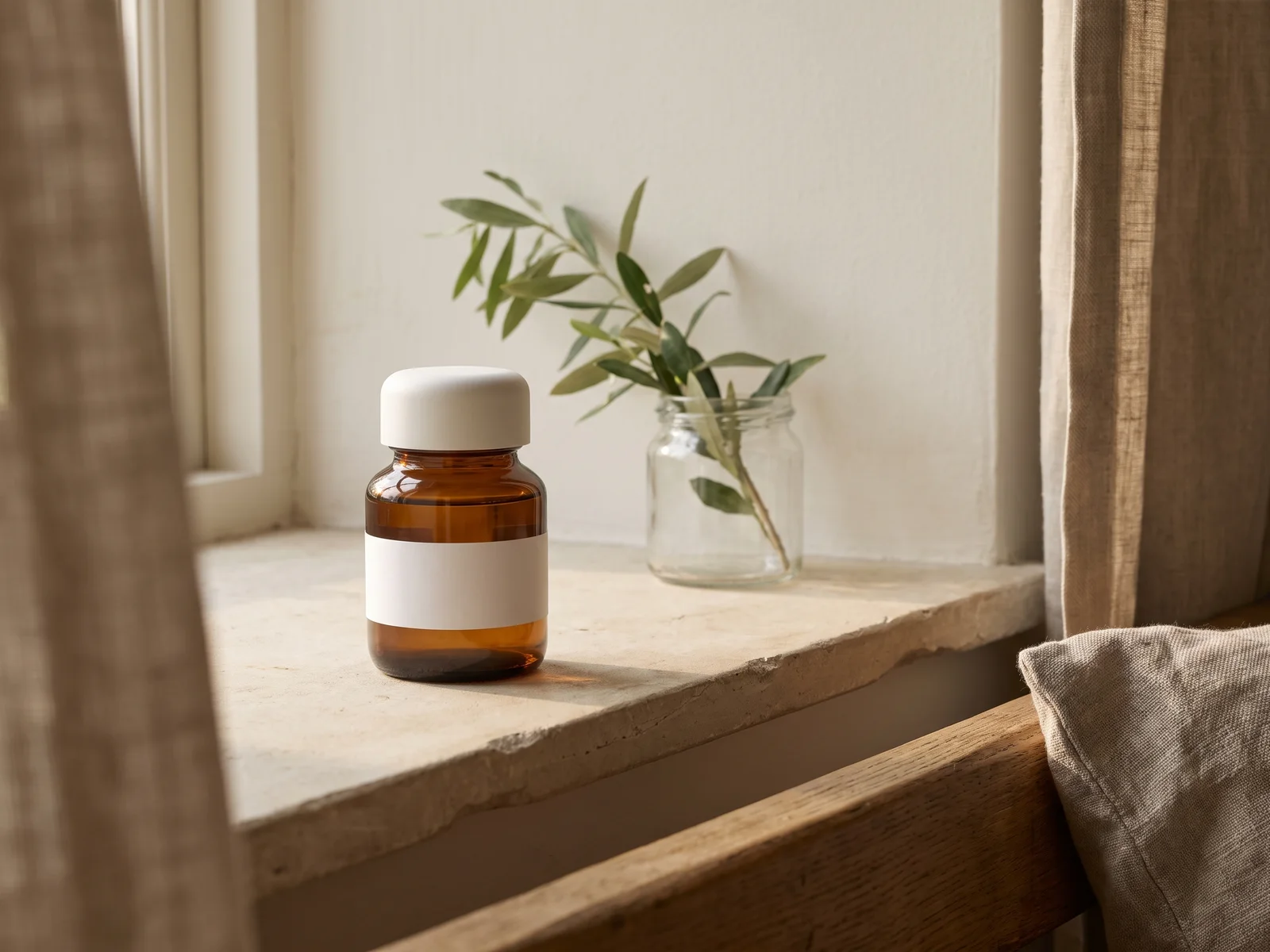 An amber bottle with a blank white band on a stone windowsill, a eucalyptus sprig in a glass beside it.