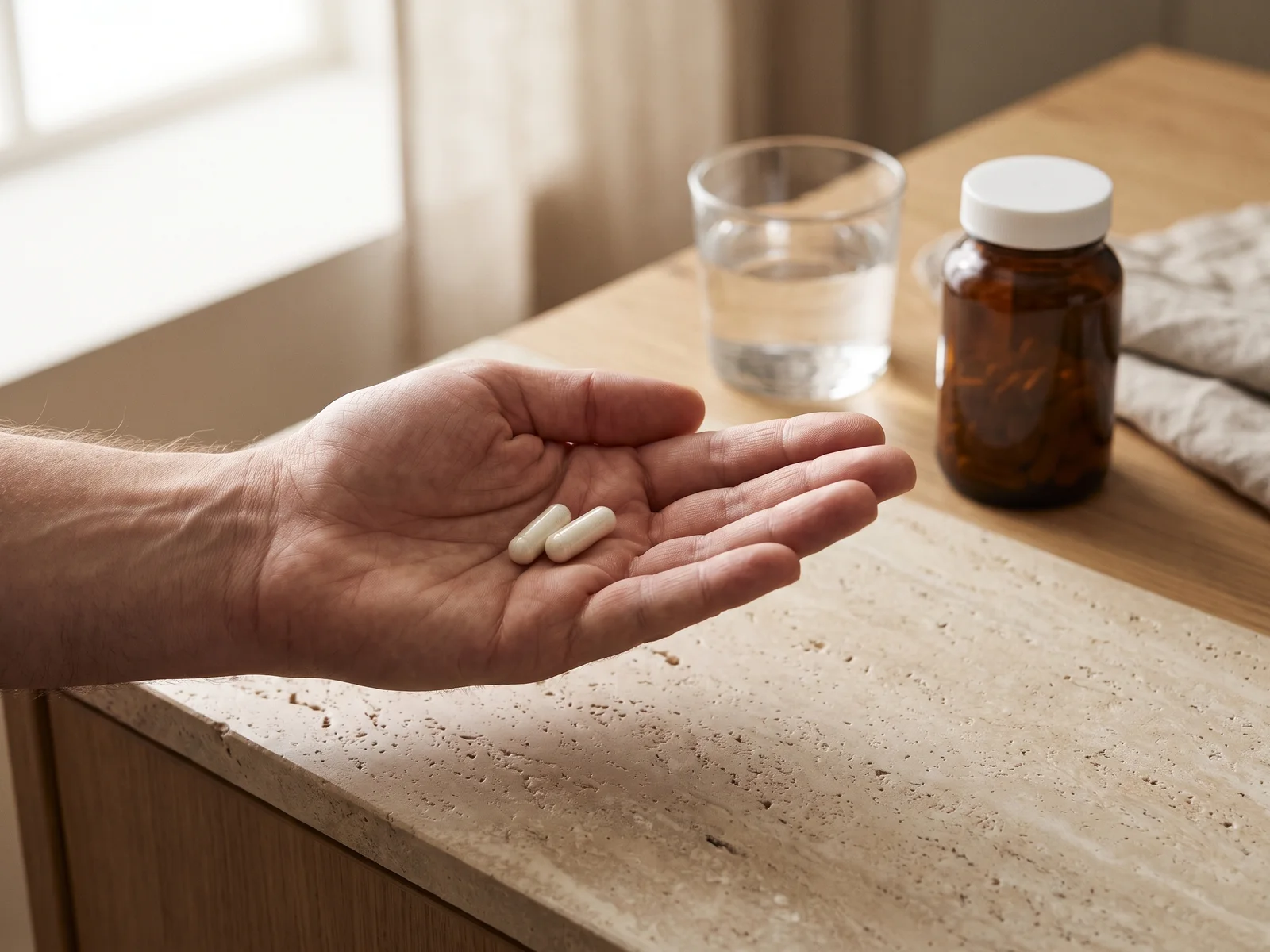 An open hand holding two white capsules over a stone counter, a glass of water and an amber bottle behind.