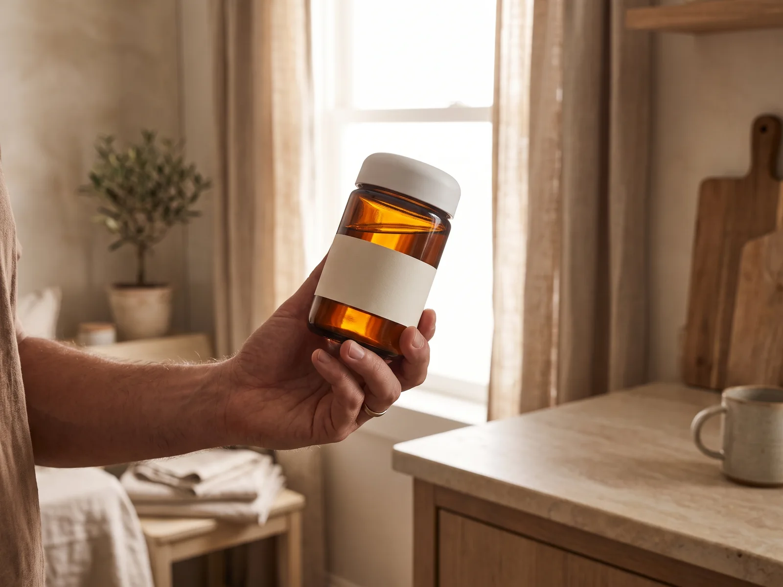 A hand turning an amber supplement bottle on a pale stone counter, the white label band facing the light.