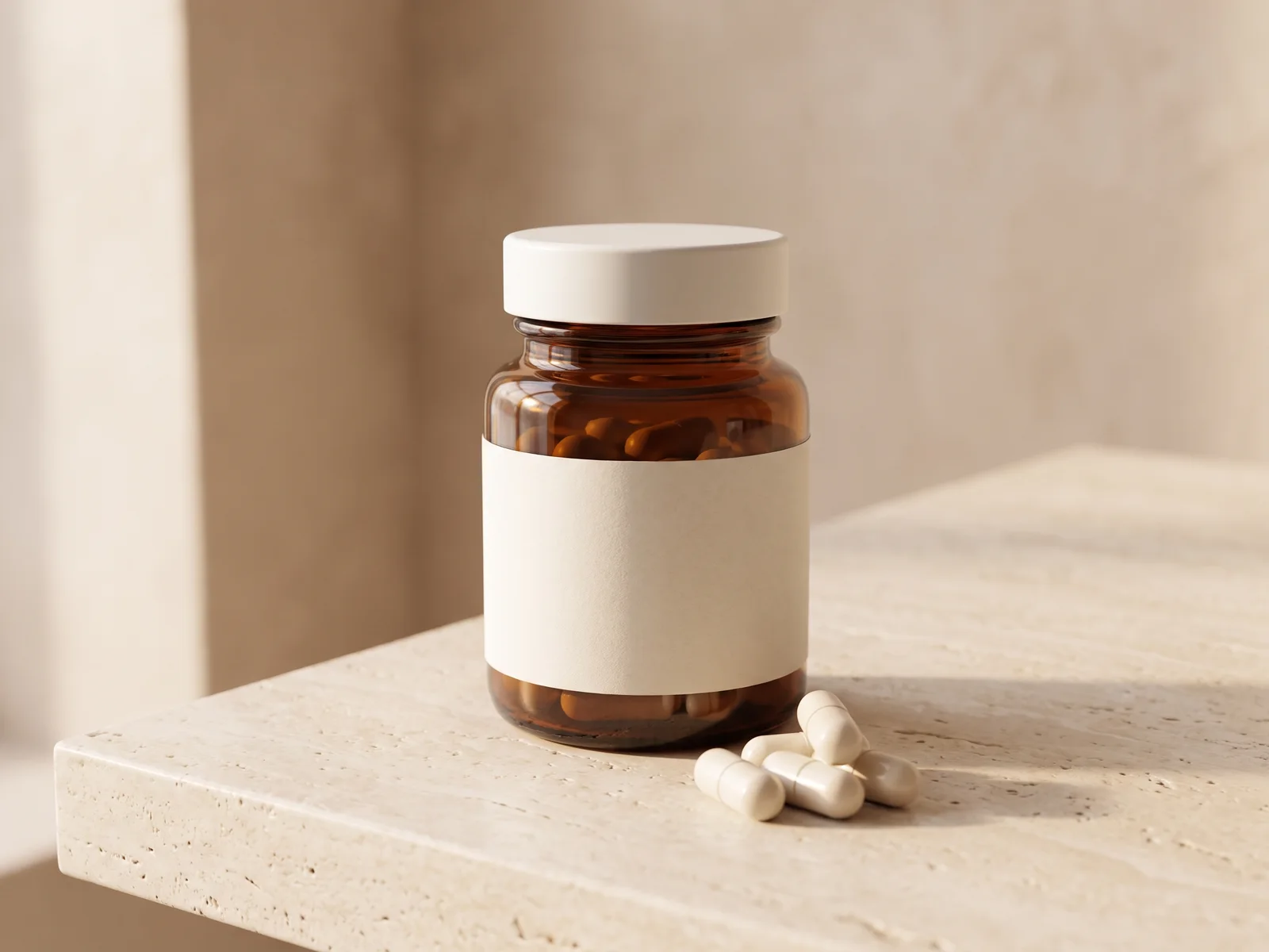 Magnesium glycinate: one amber bottle on a stone counter.
