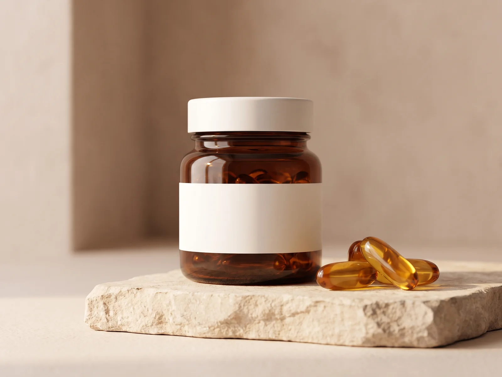 Omega-3 fish oil: one amber bottle on a stone counter.