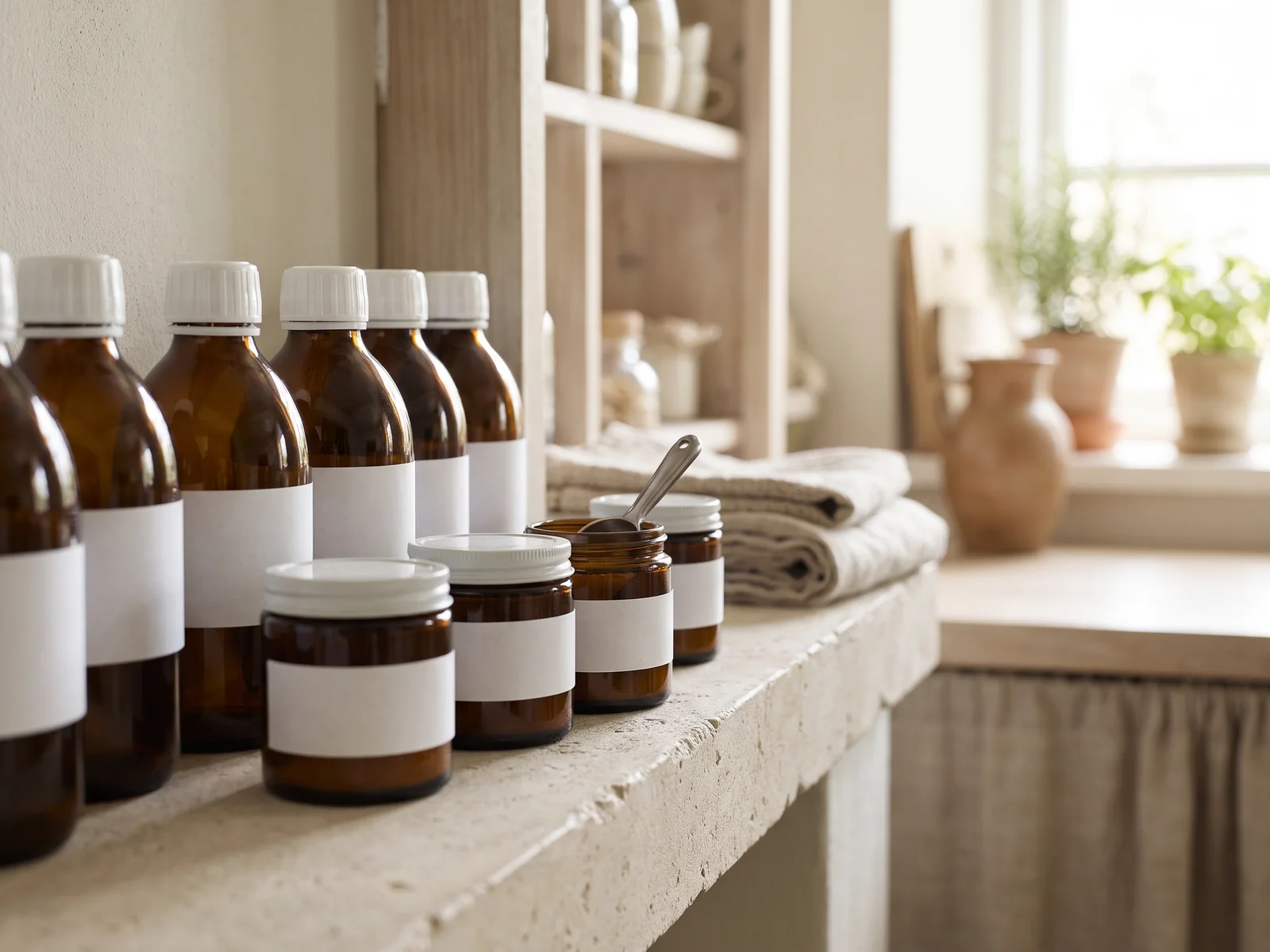 Amber supplement bottles from one lot set out on a pale stone surface in soft window light.